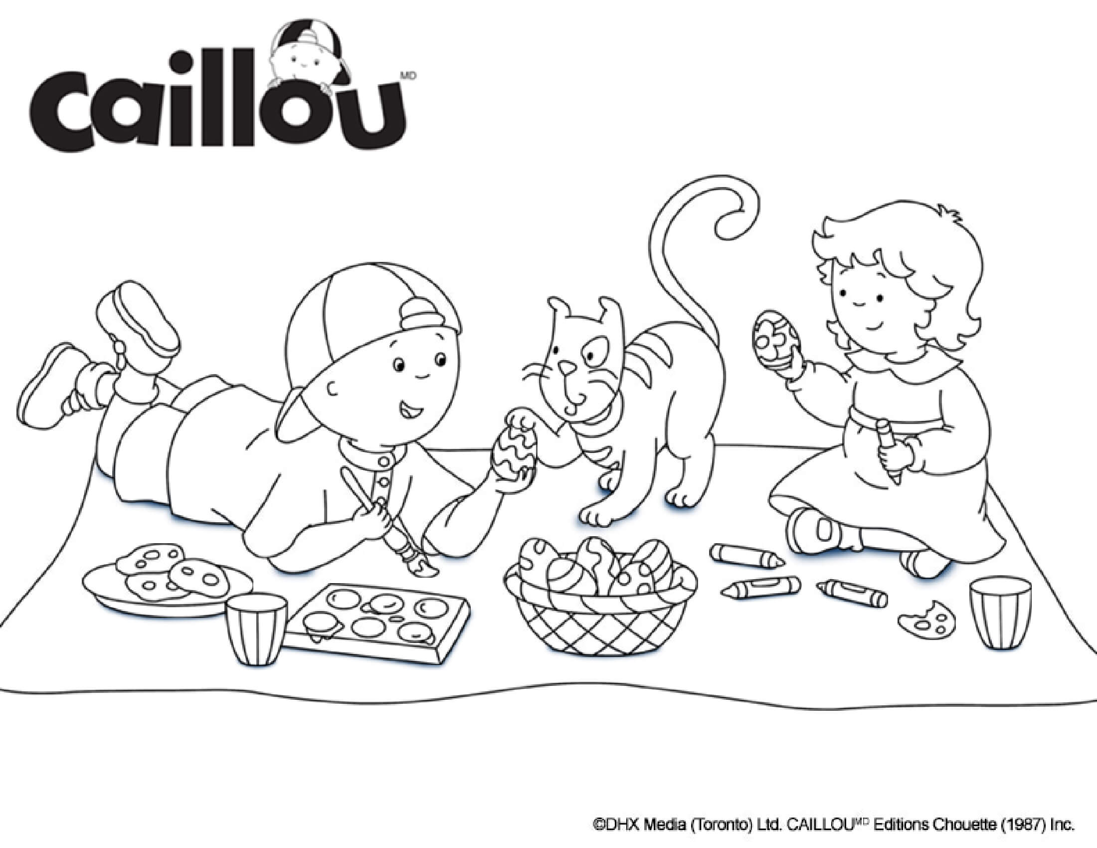 Coloriage Caillou Mousseline Et Gilbert Le Chat Preparent Des Œufs De Pâques - Caillou à imprimer