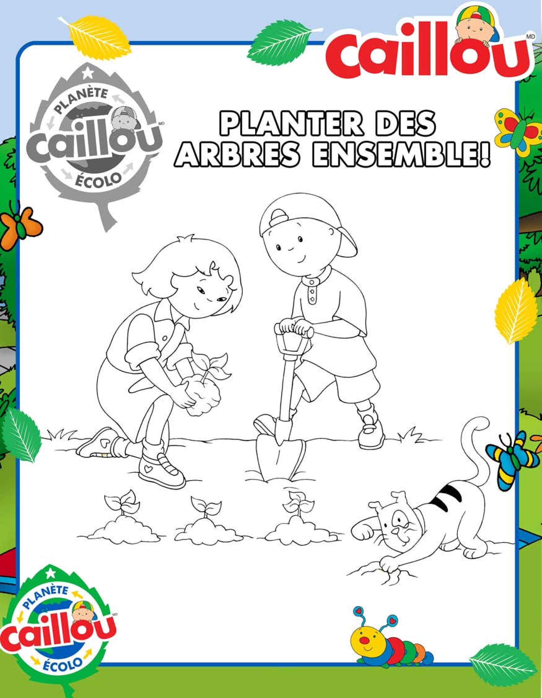 Coloriage Caillou Plante Des Arbres Avec Sarah Et Son Chat Gilbert - Caillou à imprimer
