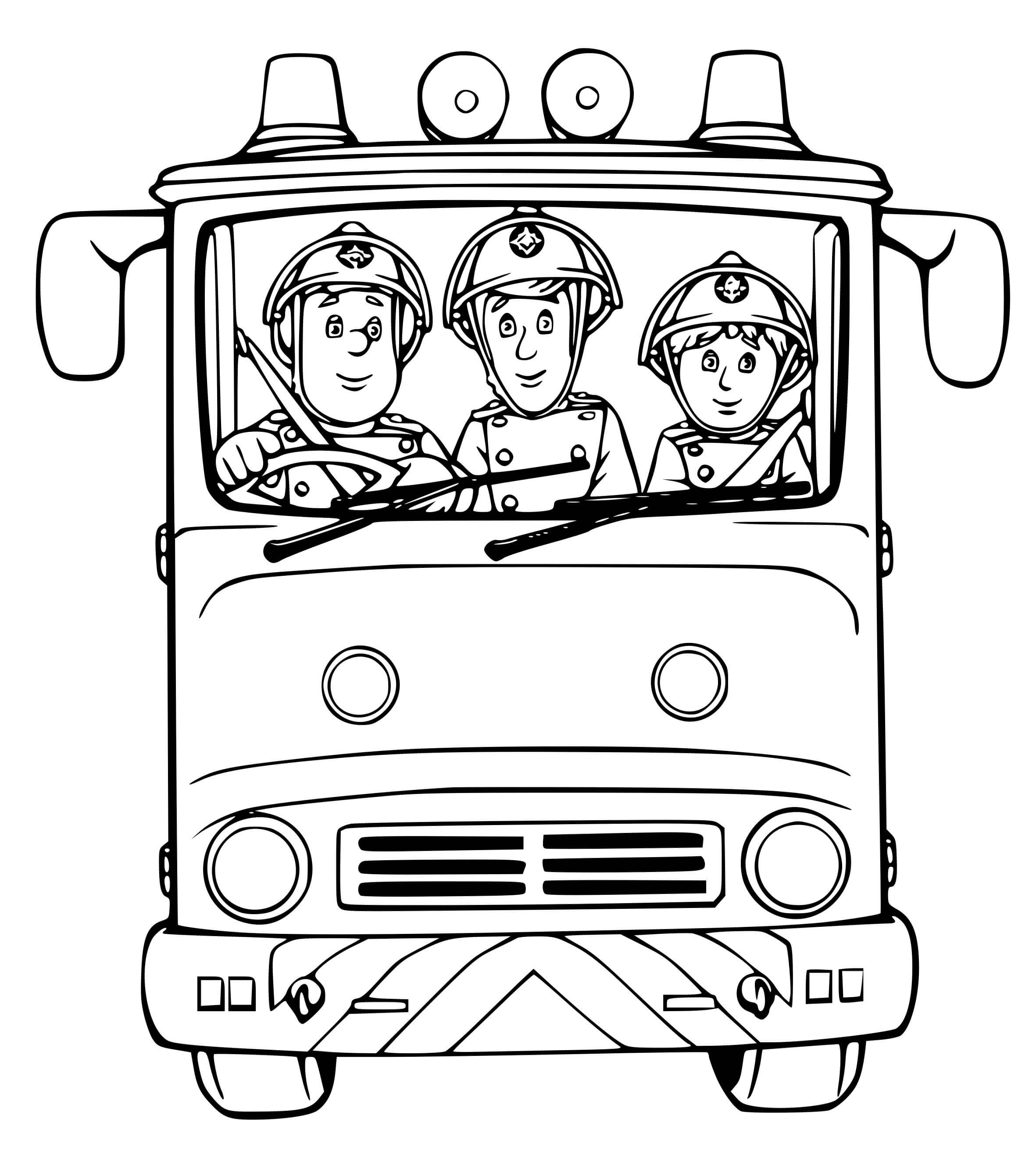 Coloriage Camion De Pompier Avec Trois Pompiers Prêt A Passer A L'action - Pompier à imprimer