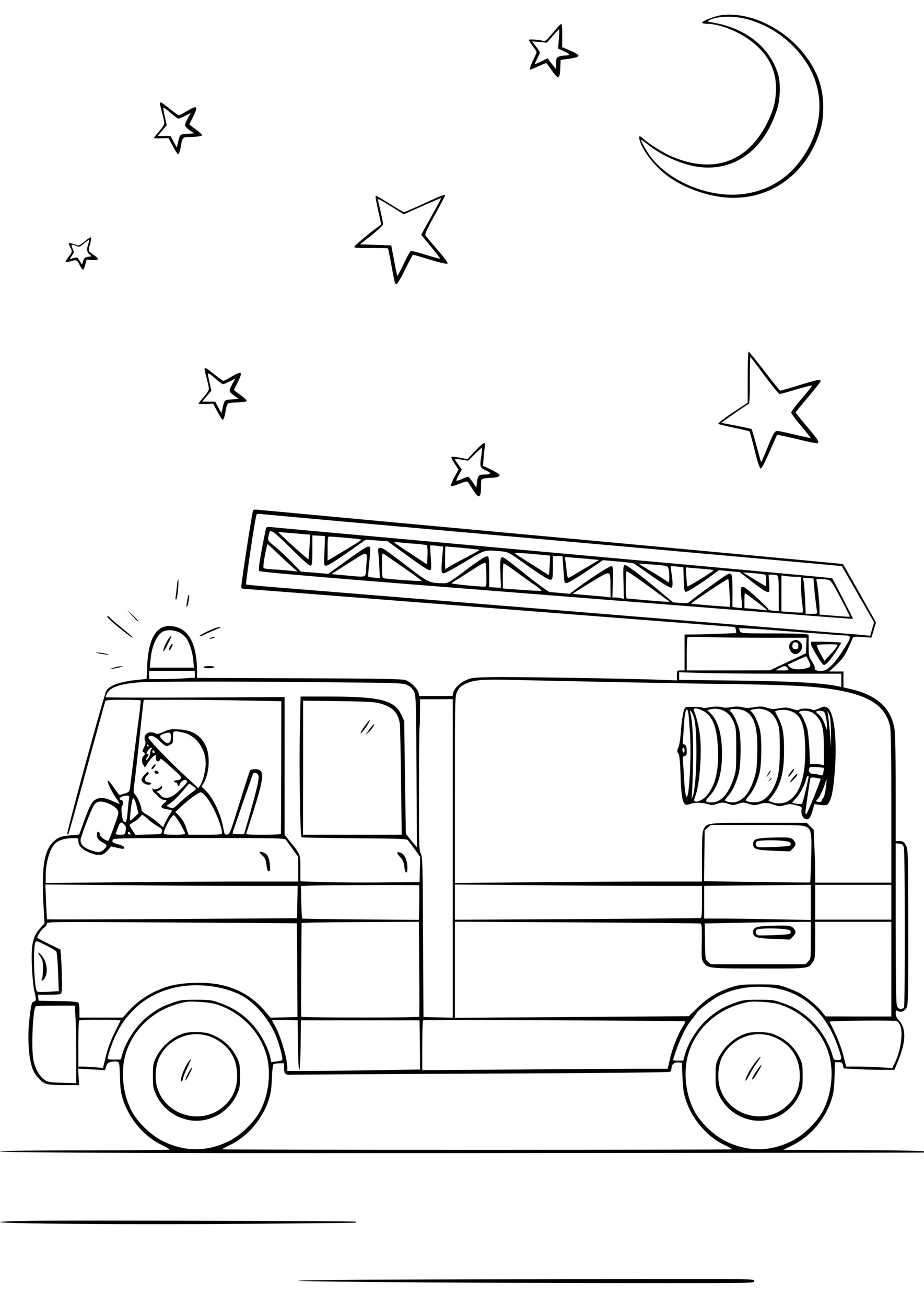 Coloriage Camion De Pompier En Action Durant La Nuit Sous Les Étoiles Et La Lune - Pompier à imprimer