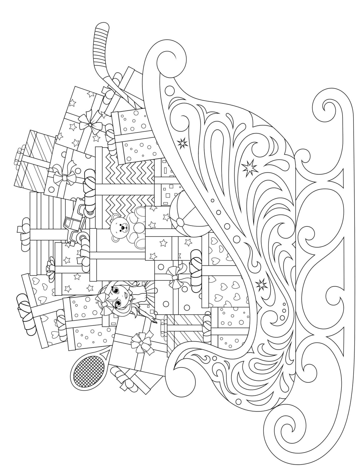 Coloriage Carrosse De Noël Rempli De Cadeaux De Noël Pour Le Jour De Noël 25 Décembre - Noël adulte à imprimer