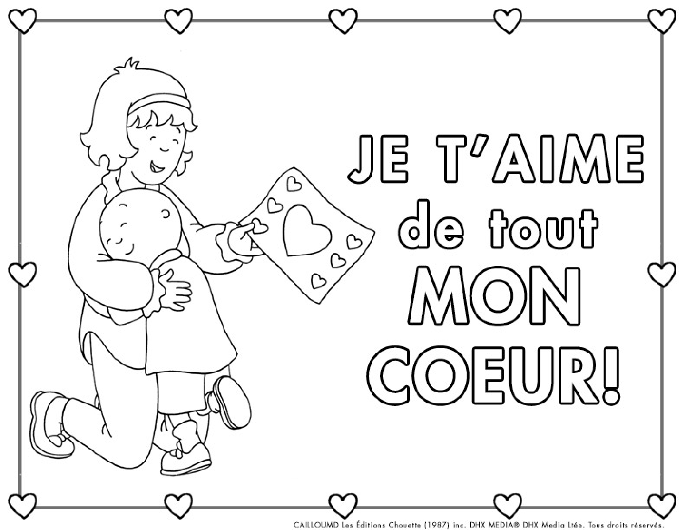 Coloriage Carte De Souhaits Je Taime De Tout Mon Cœur Maman De Caillou - Caillou à imprimer