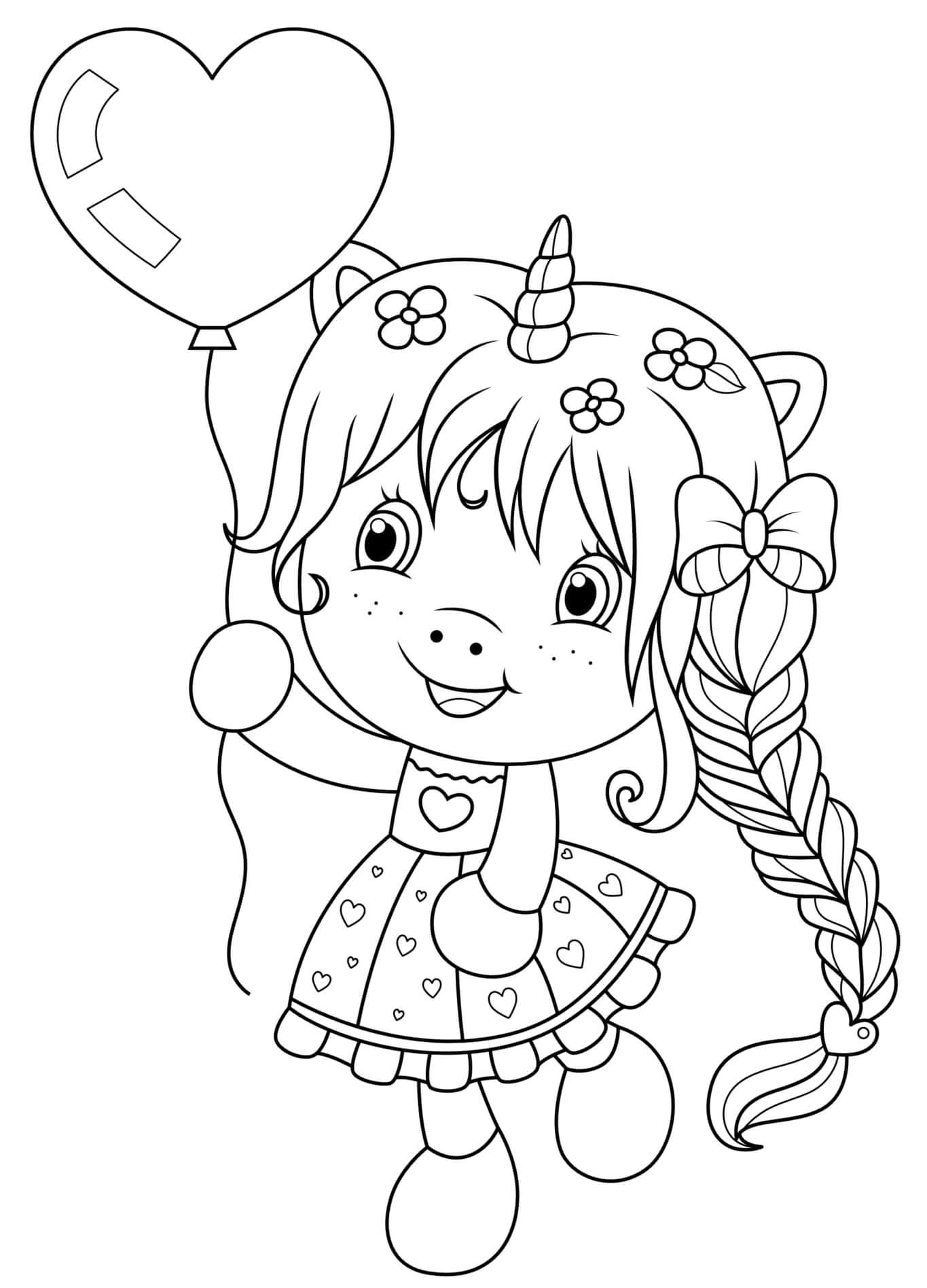 Coloriage Licorne avec ballon cœur Saint-Valentin - Saint-Valentin à imprimer