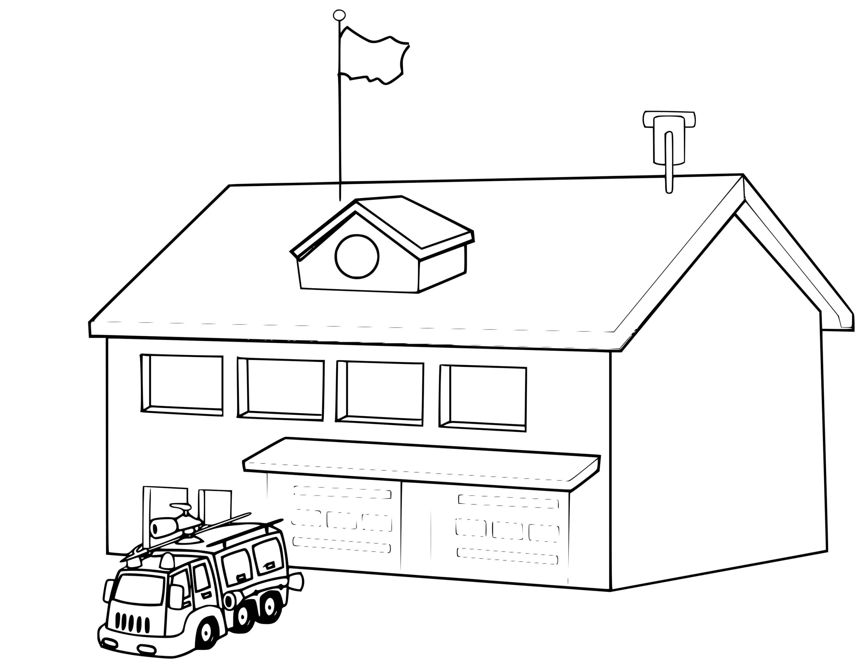 Coloriage Caserne De Pompier Avec Drapeau Et Camion Prêt Pour Eteindre Les Feux - Pompier à imprimer