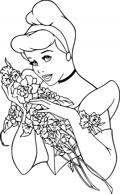 Coloriage Cendrillon Recoit Un Bouquet De Roses Et De Fleurs - Cendrillon à imprimer