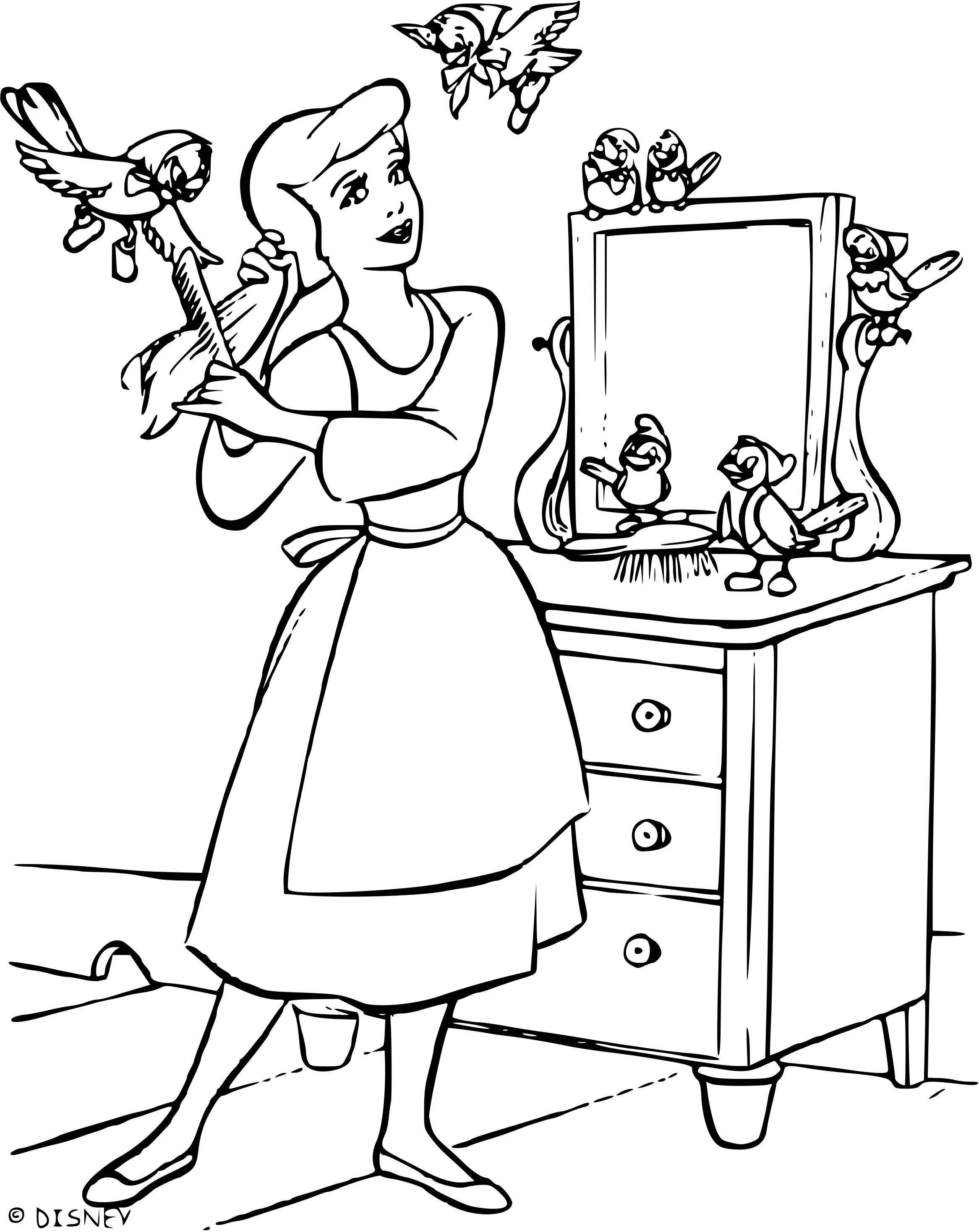 Coloriage Cendrillon Se Prepare Et Brosse Les Cheveux - Cendrillon à imprimer