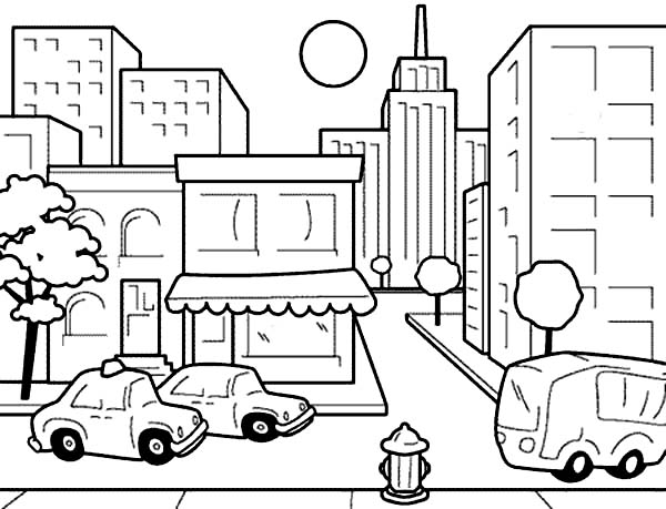 Coloriage Centre Ville Dessin Enfants Avec Taxi - Ville à imprimer