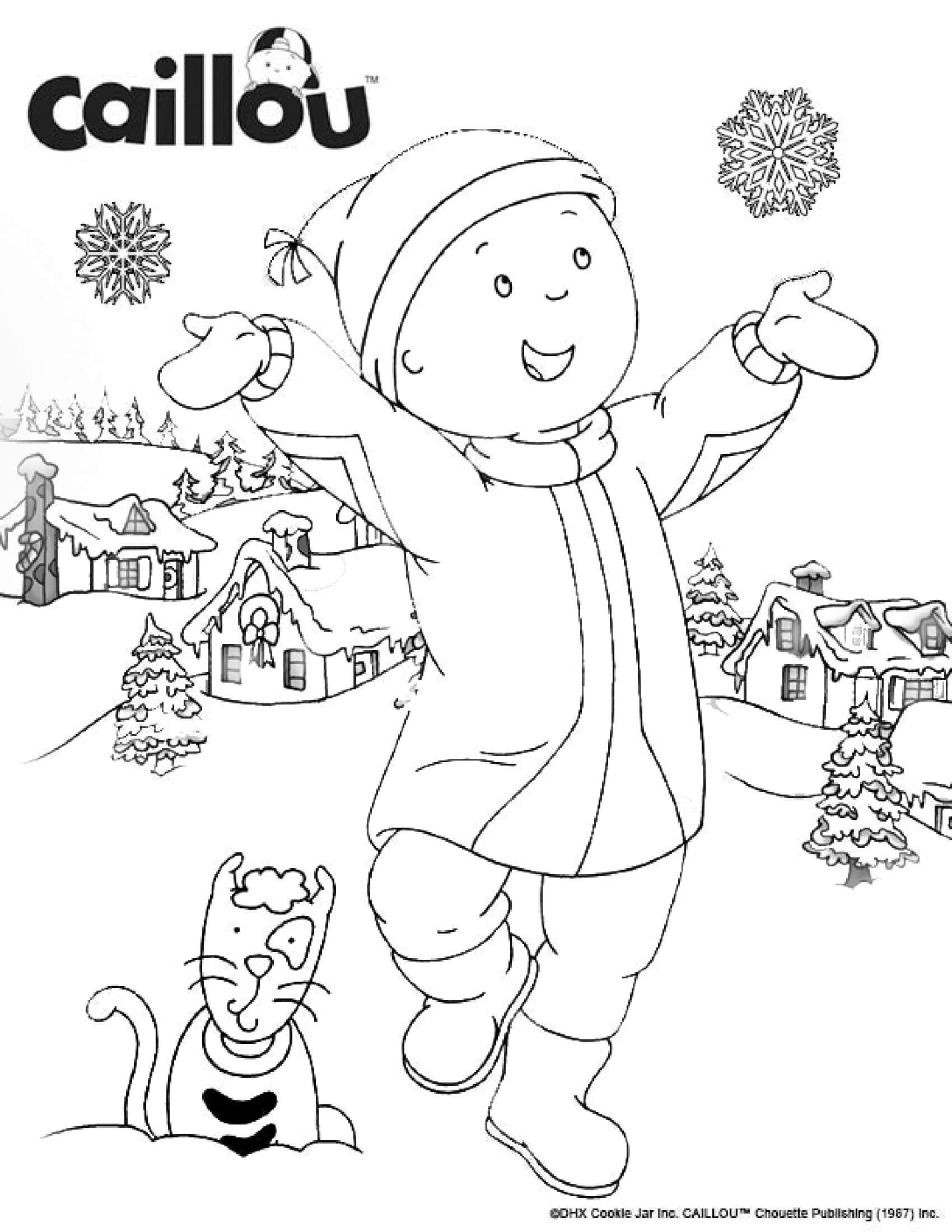 Coloriage C'est Bientot Noël Avec Le Chat Gilbert Et Caillou Qui Adorent Les Flocons De Neiges - Caillou à imprimer