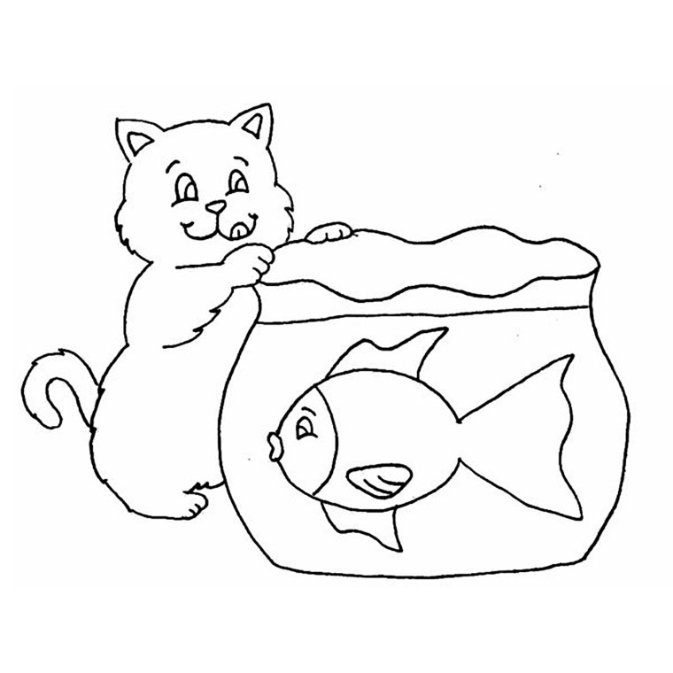 Coloriage Chat Et Poisson En Bocal - Chat à imprimer
