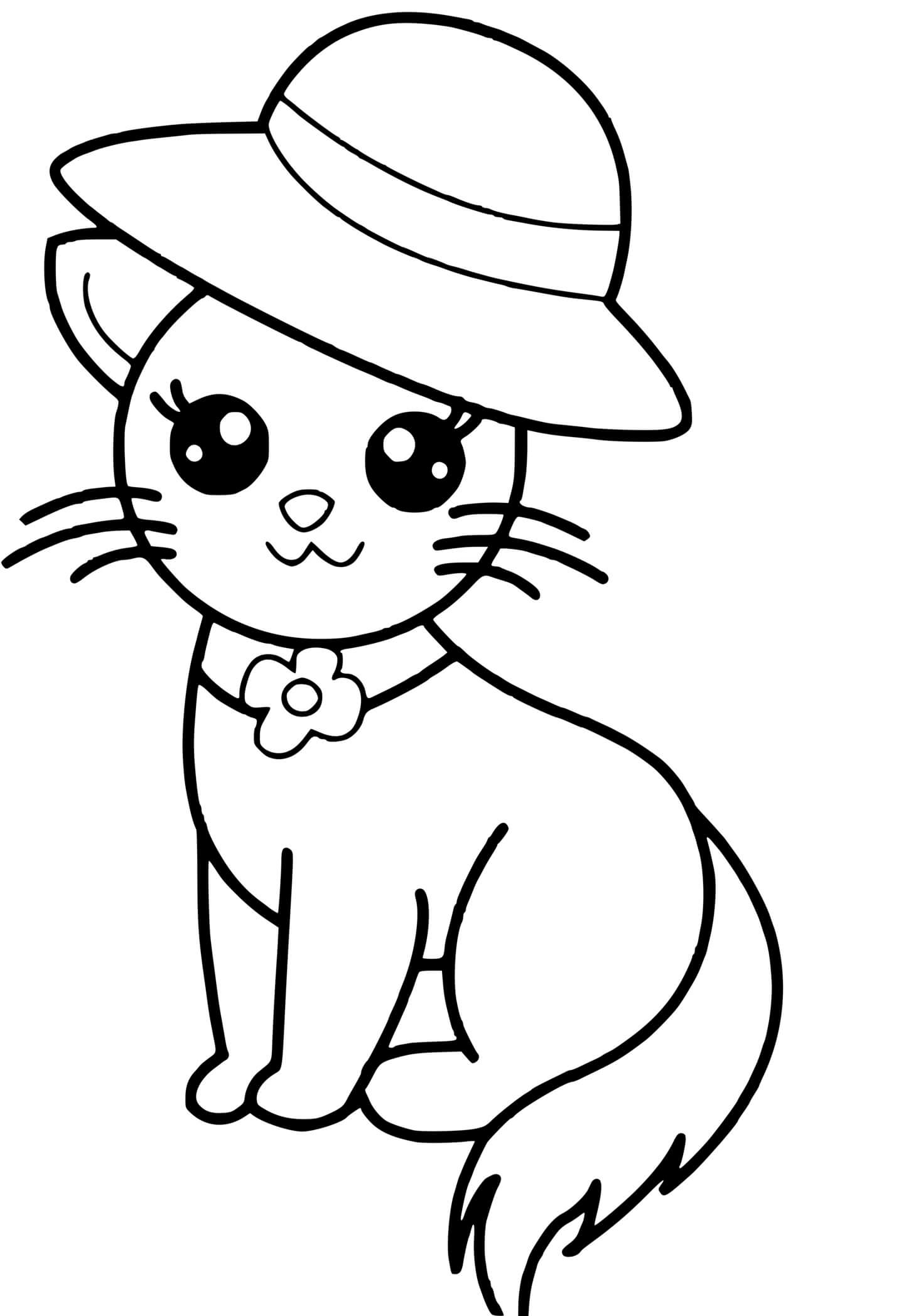 Coloriage Chat Kawaii Mignon Avec Chapeau Élégant - Chat à imprimer