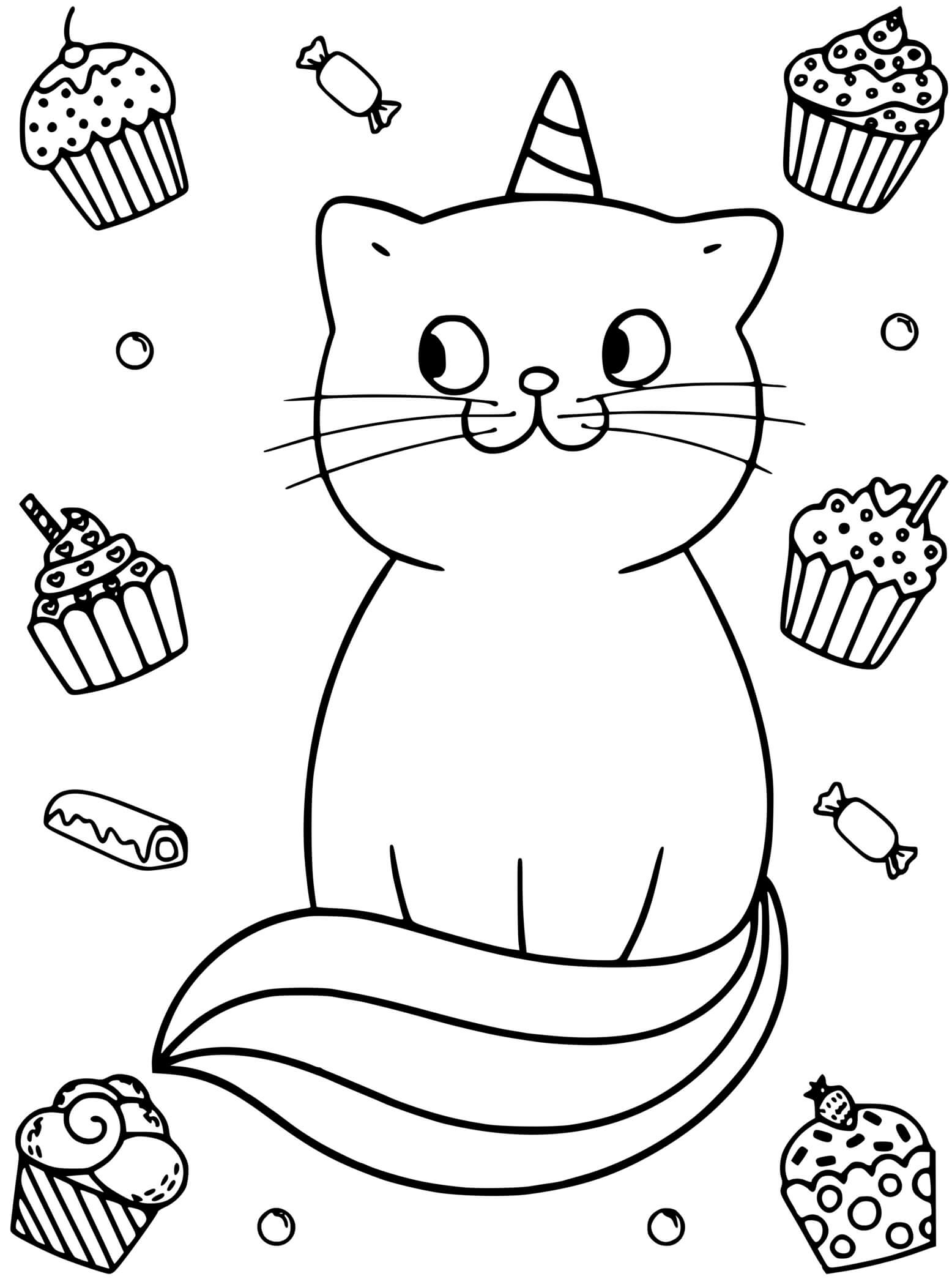 Coloriage Chat Licorne Adore Les Cupcakes - Chat licorne à imprimer
