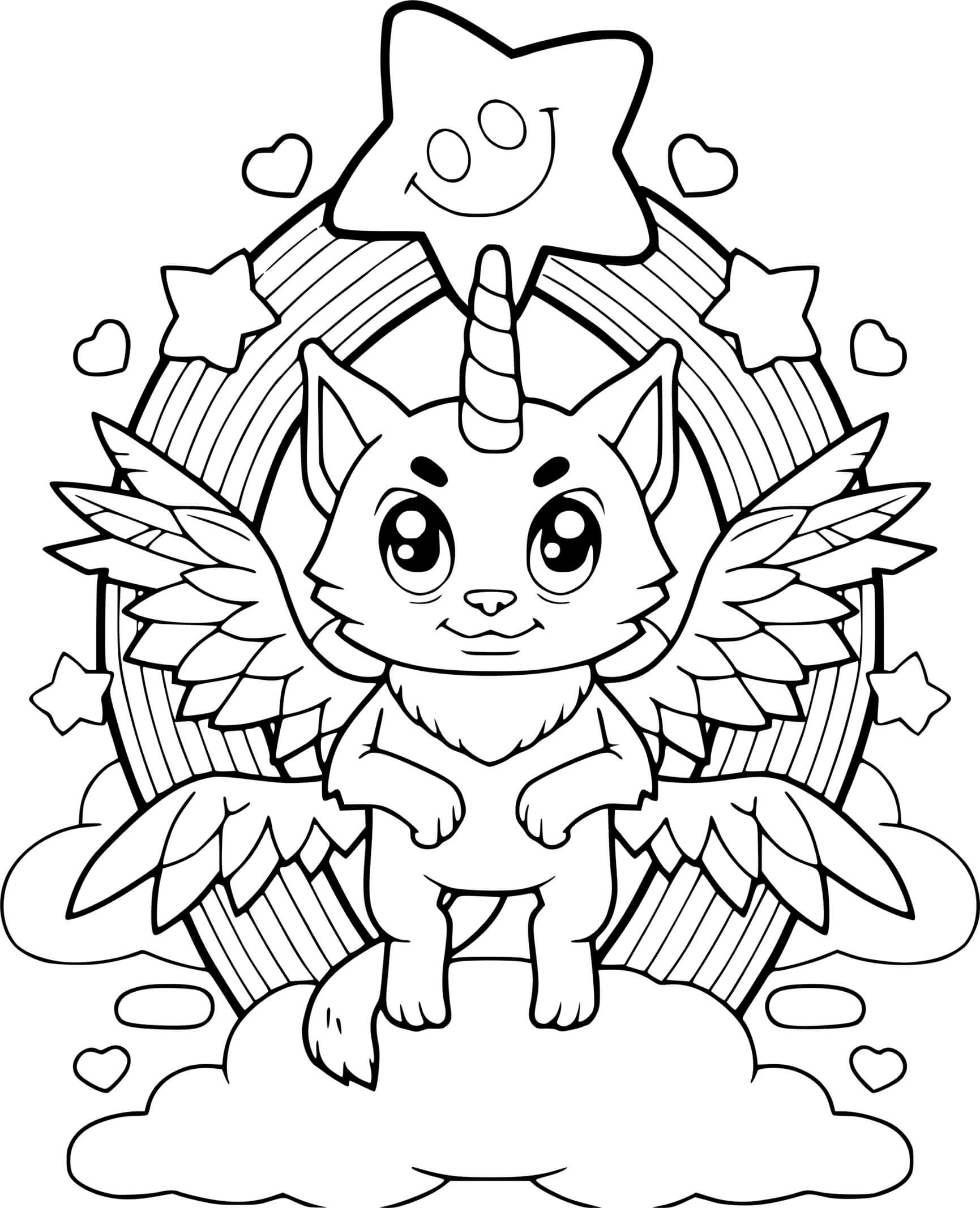 Coloriage Chat Licorne Arc En Ciel Difficle - Chat licorne à imprimer