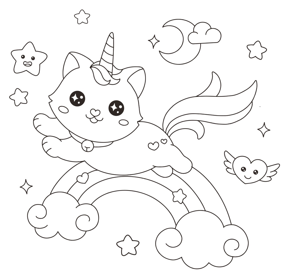 Coloriage Chat Licorne Arc En Ciel Kawaii - Chat licorne à imprimer