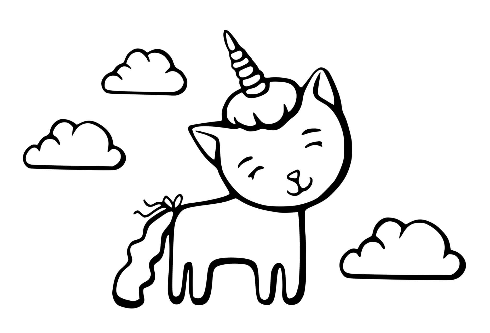 Coloriage Chat Licorne Dans Les Nuages - Chat licorne à imprimer