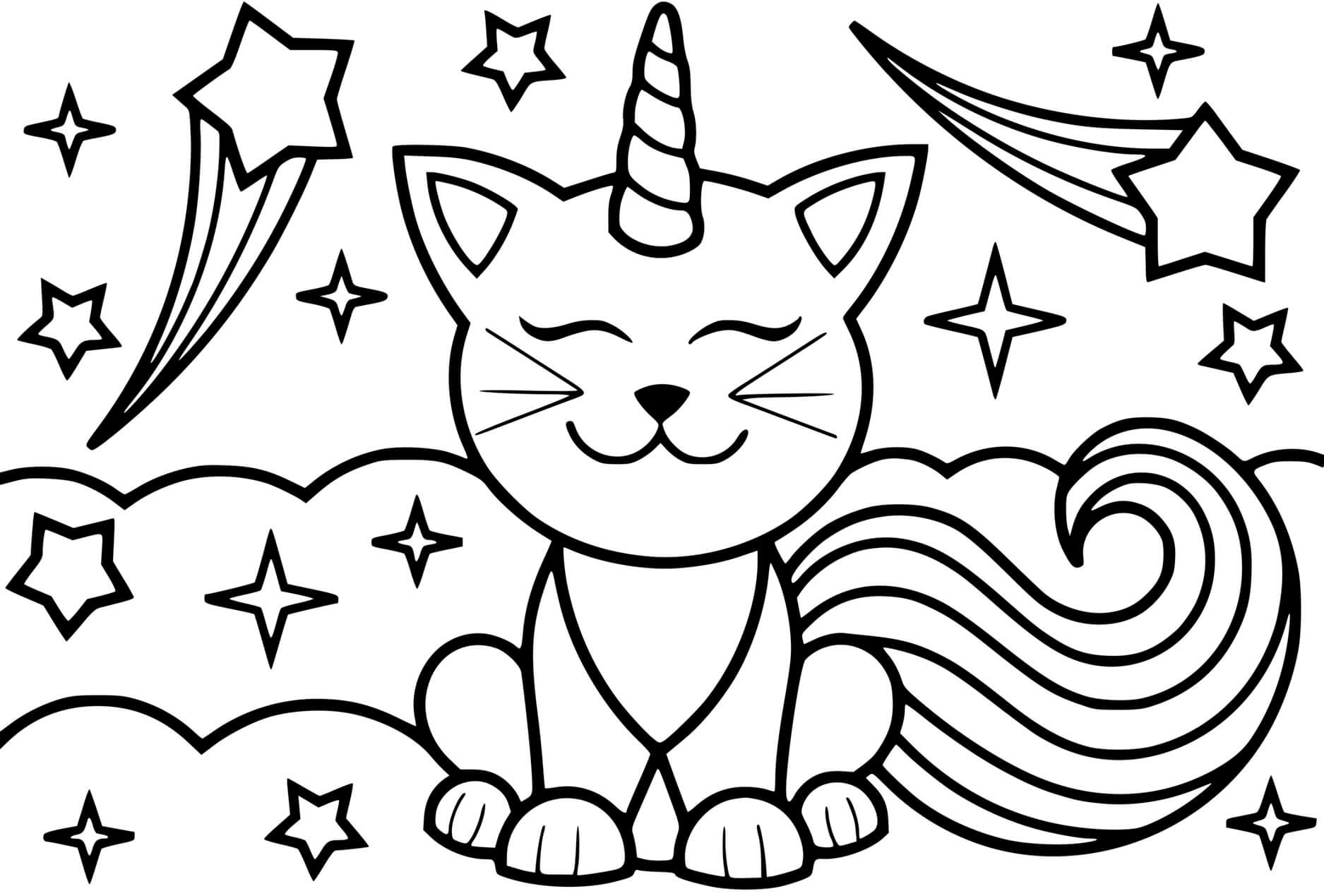 Coloriage Chat Licorne Étoiles - Chat licorne à imprimer