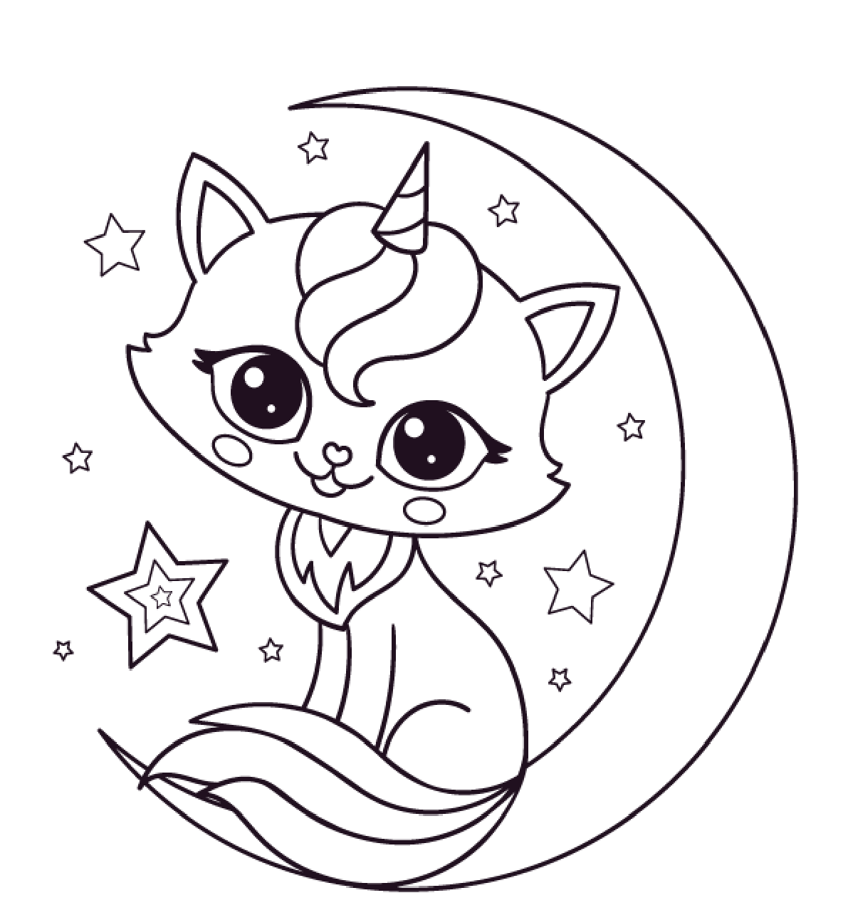 Coloriage Chat Licorne Lune Mignon - Chat licorne à imprimer