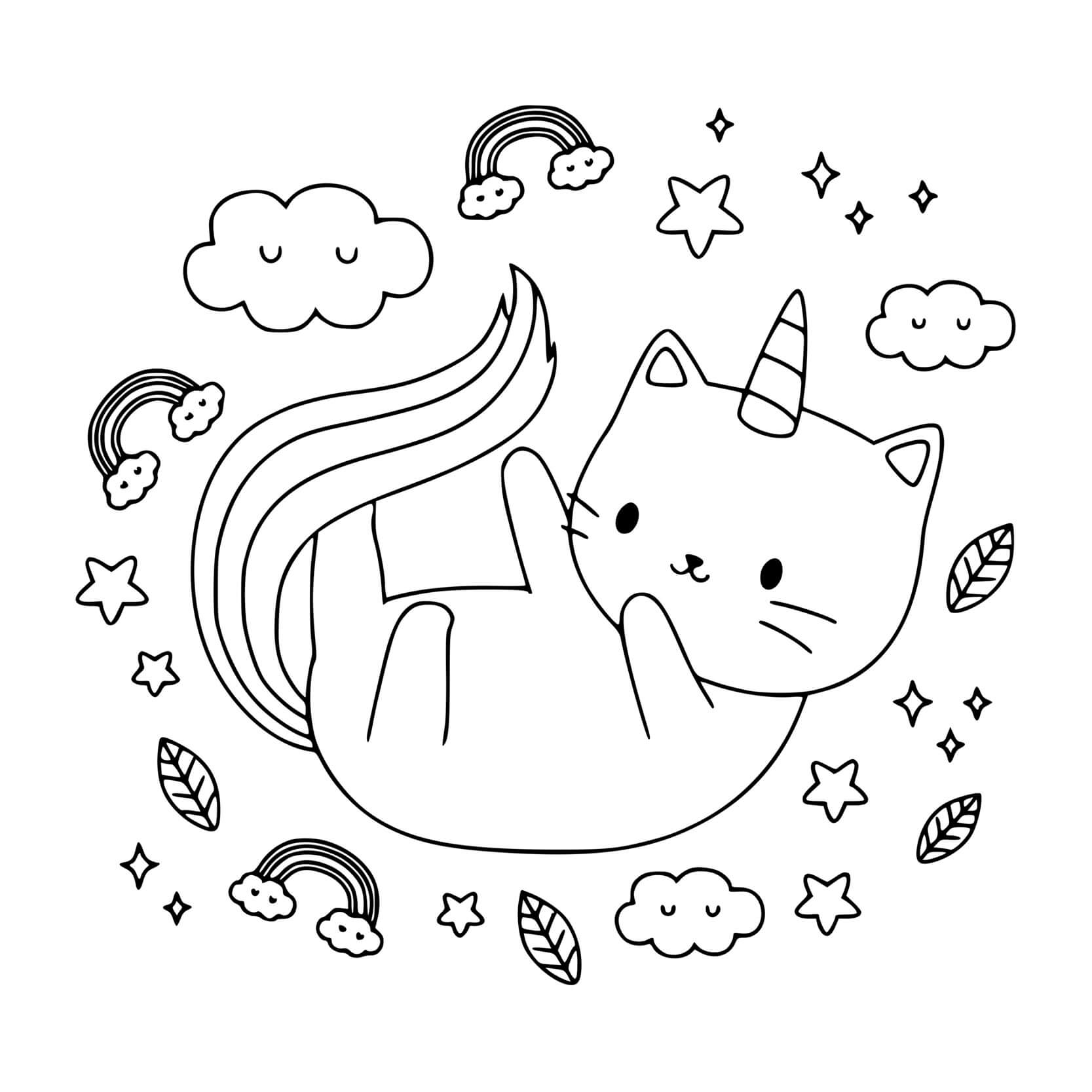 Coloriage Chat Licorne Magique Couche - Chat licorne à imprimer