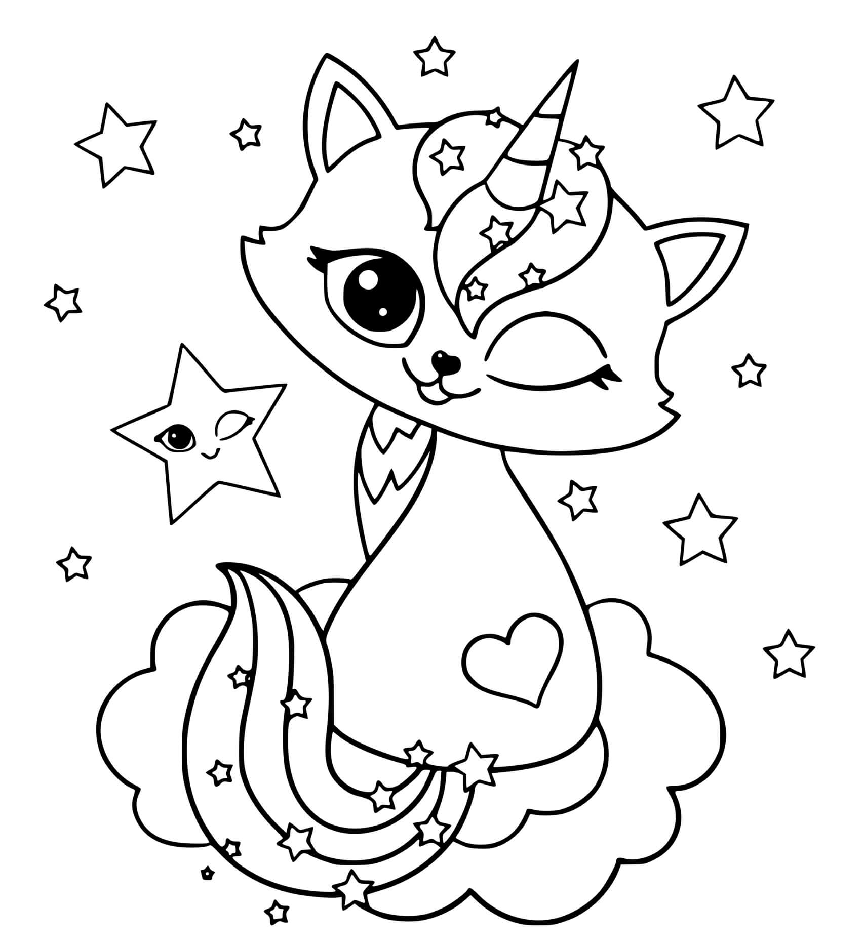 Coloriage Chat Licorne Maternelle Étoiles - Chat licorne à imprimer