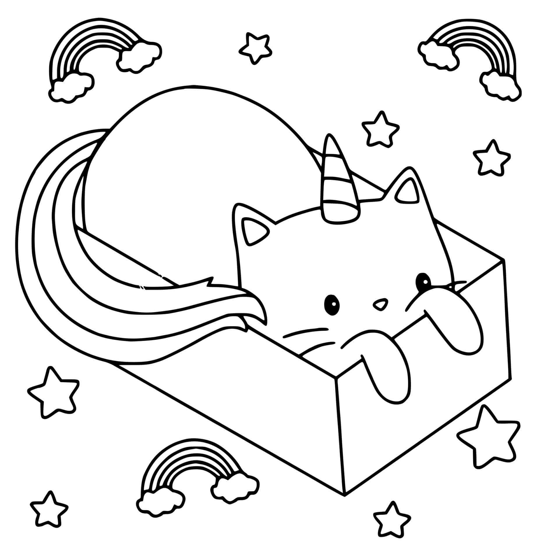 Coloriage Chat Licorne Minou Dans Une Boite - Chat licorne à imprimer
