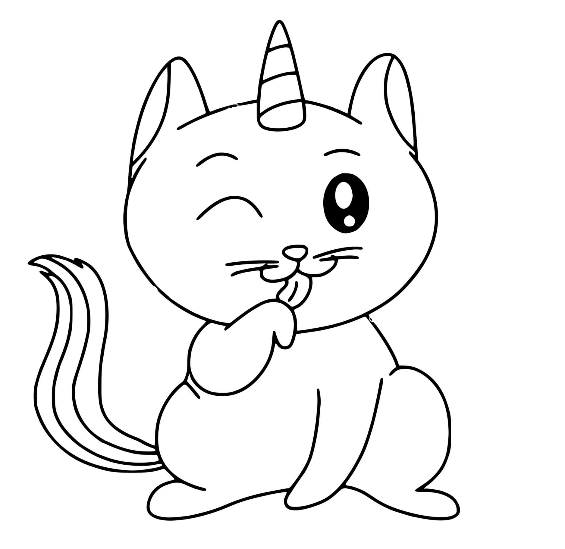 Coloriage Chat Licorne Qui Se Liche La Patte - Chat licorne à imprimer