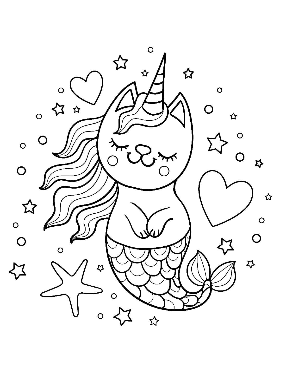 Coloriage Chat Licorne Sirène Kawaii - Chat licorne à imprimer
