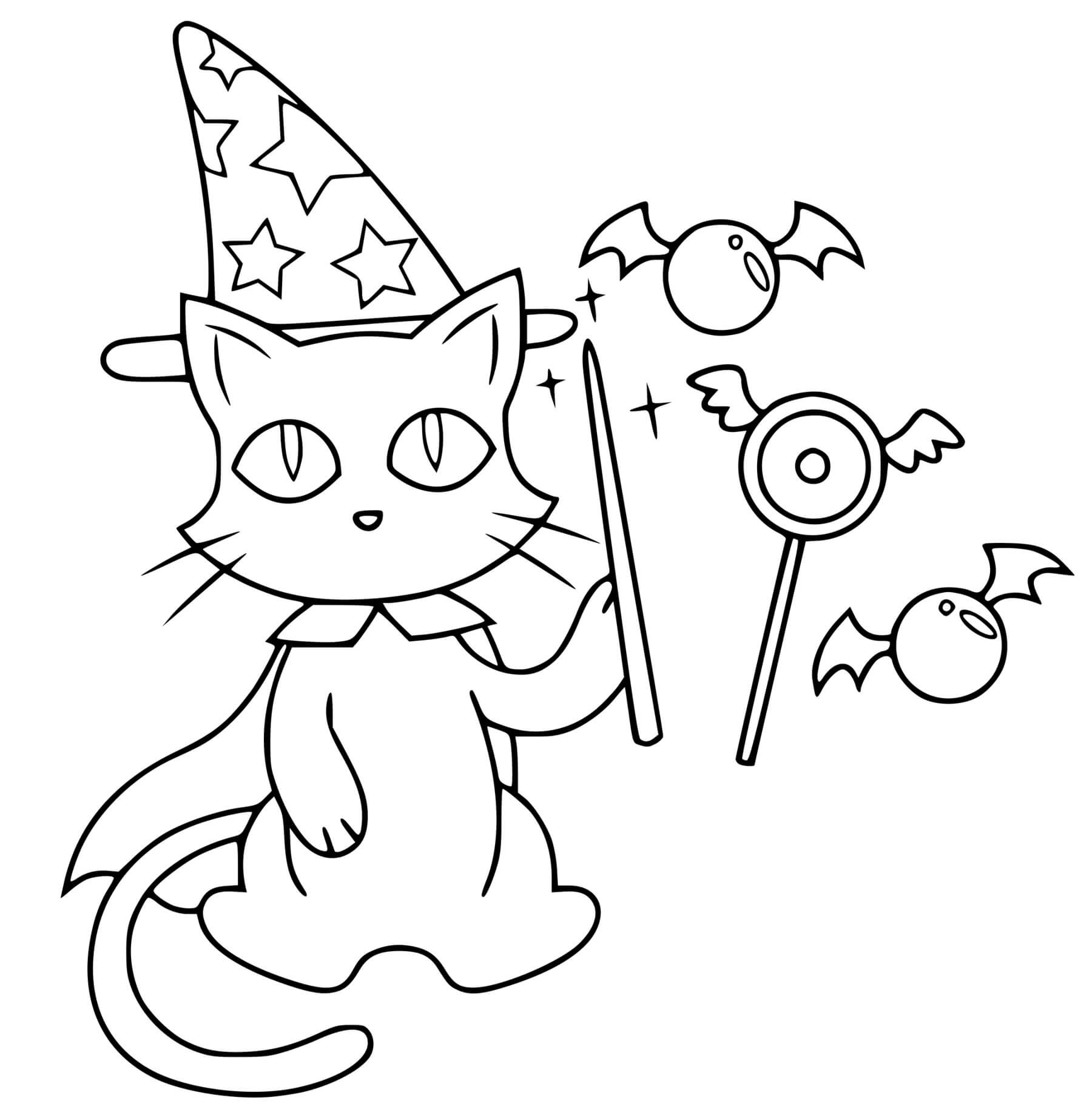 Coloriage Chat Magicien Comme Une Sorcière - Halloween sorciere à imprimer