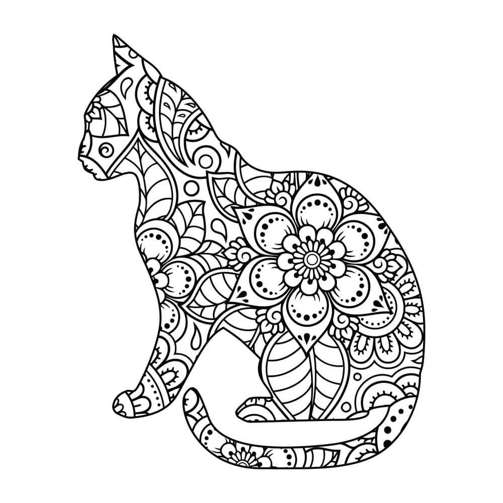Coloriage Félin mandala fleuri motifs complexes - Chat mandala à imprimer