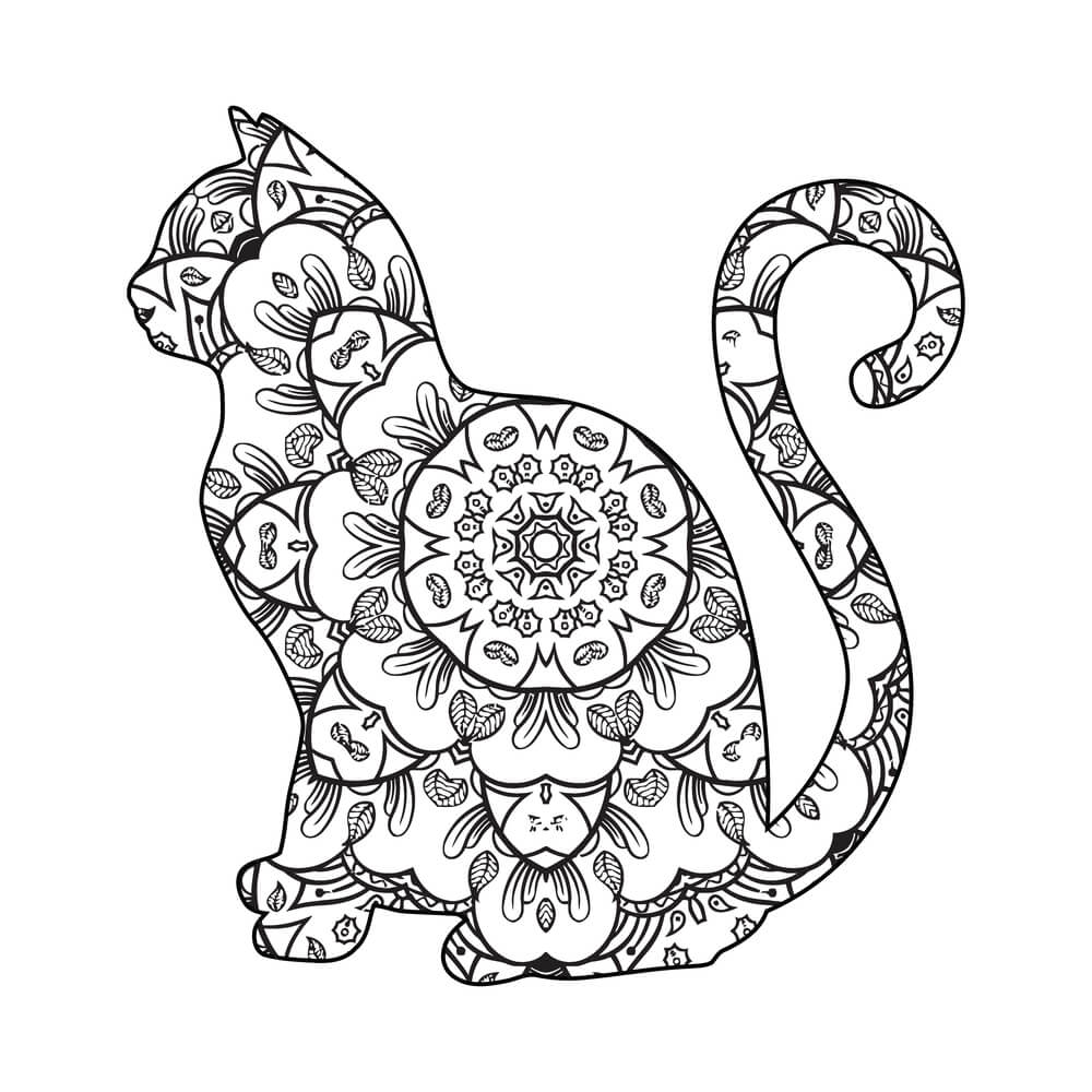 Coloriage Chat mandala relaxant avec motifs complexes - Chat mandala à imprimer
