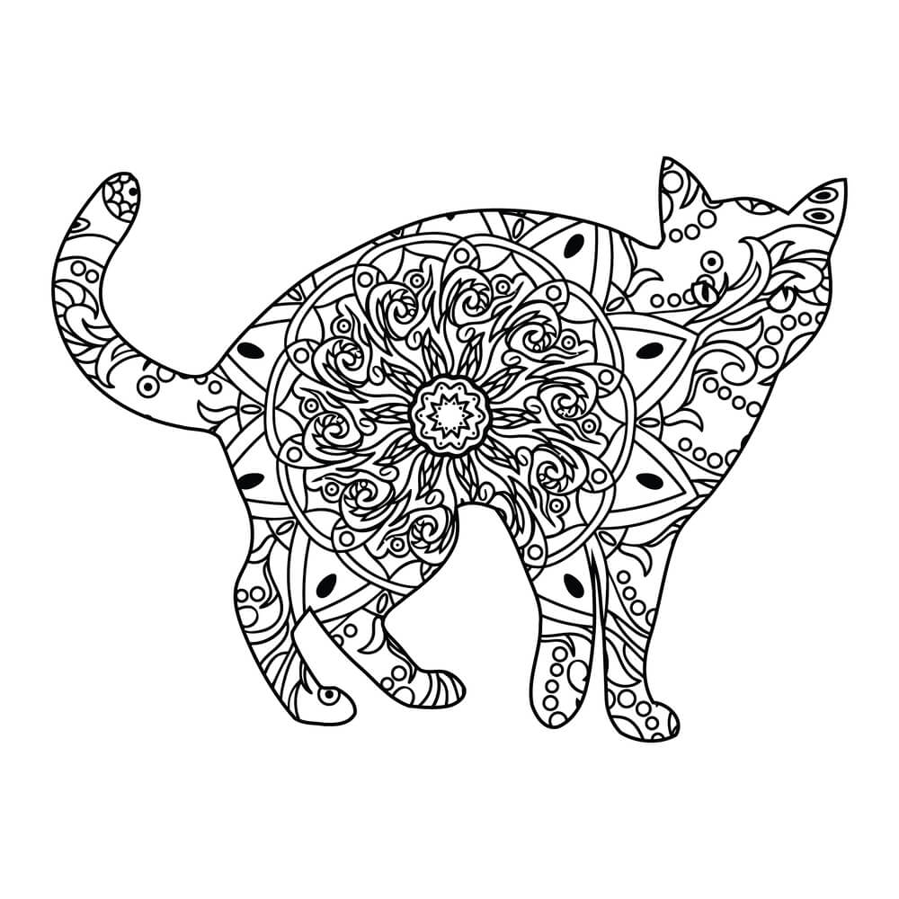 Coloriage Minou mandala sérénité avec détails ornementaux - Chat mandala à imprimer