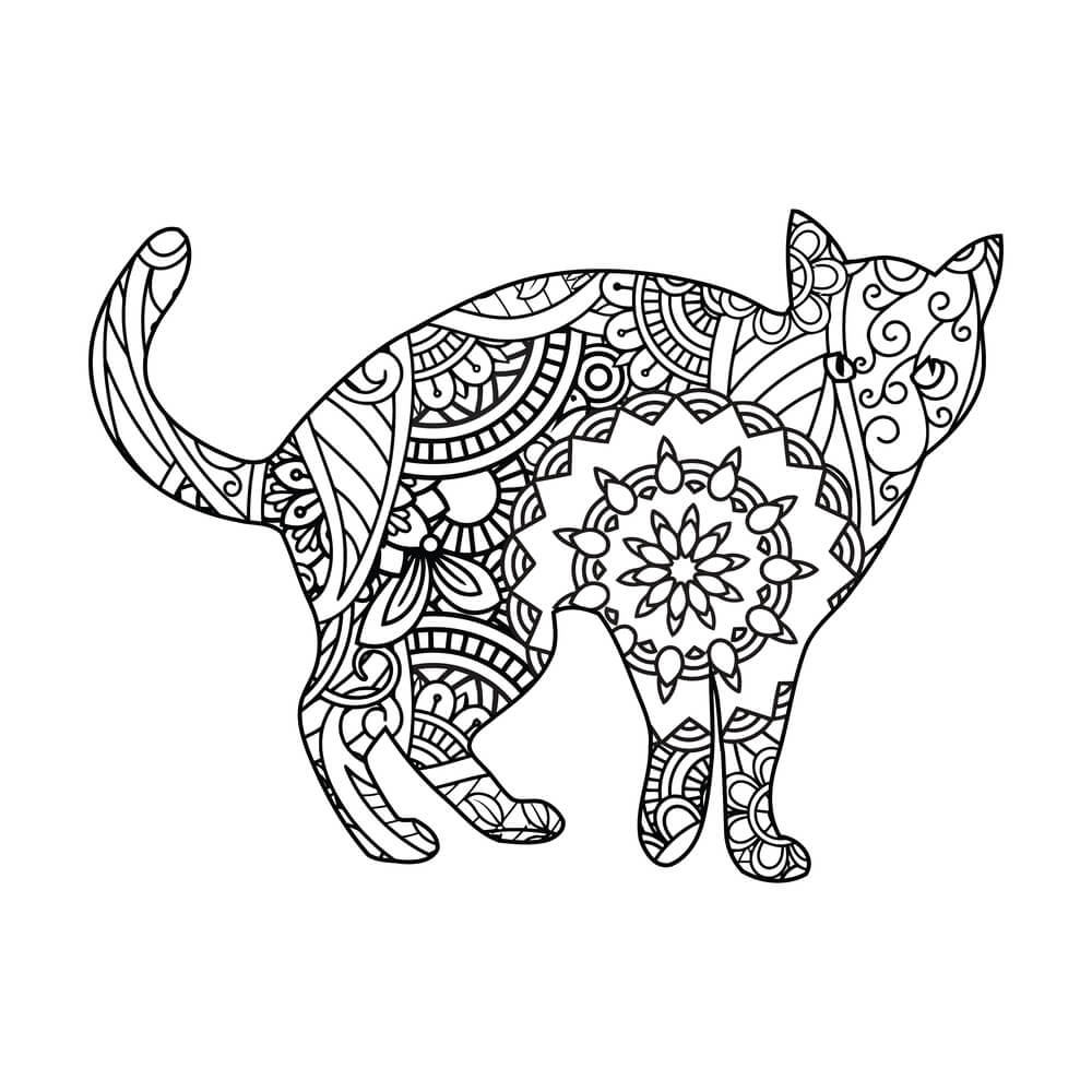 Coloriage Félin Mandala Zen avec Motifs Symétriques - Chat mandala à imprimer