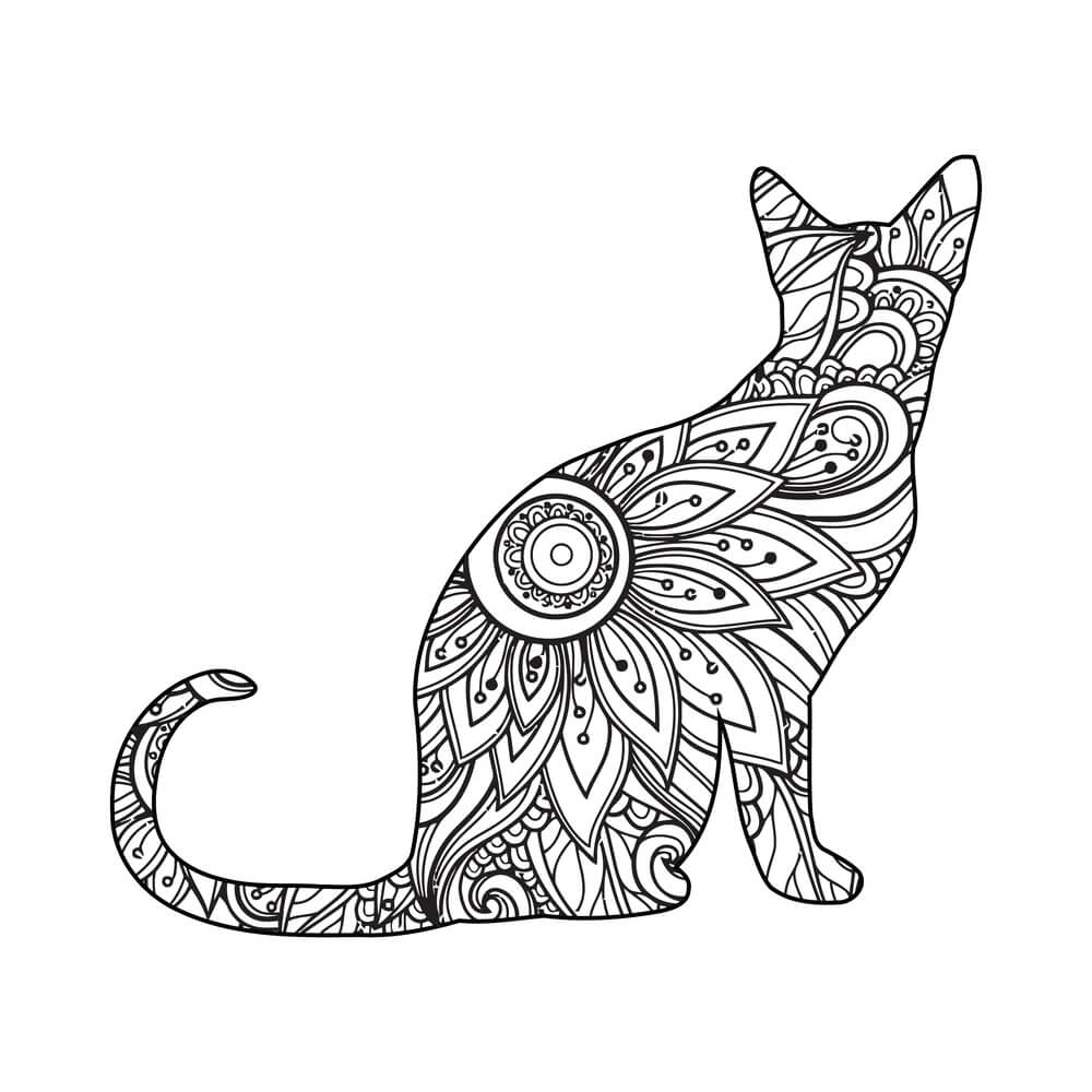 Coloriage Chaton Mandala Relaxant aux Ornements - Chat mandala à imprimer