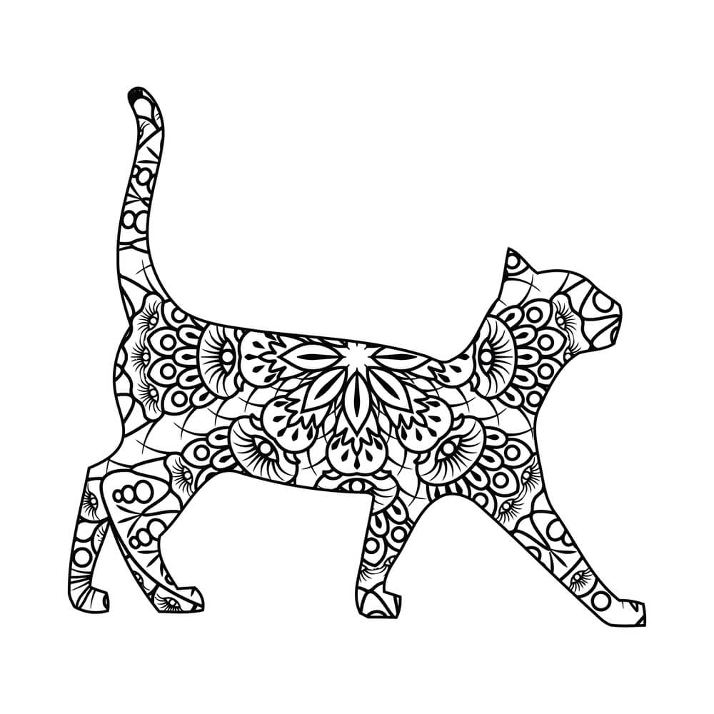 Coloriage Chaton mandala avec ornements raffinés - Chat mandala à imprimer