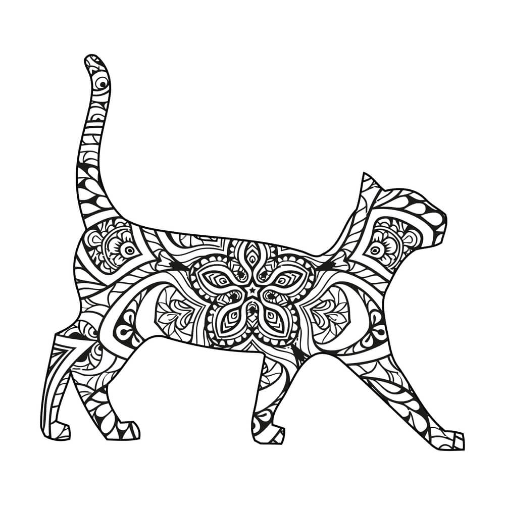 Coloriage Minou mandala aux symboles complexes - Chat mandala à imprimer