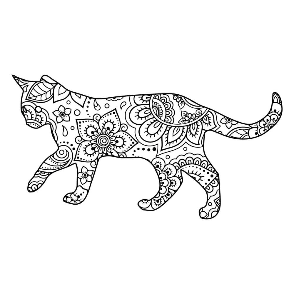 Coloriage Félin Mandala Symétrique à Motifs Géométriques - Chat mandala à imprimer