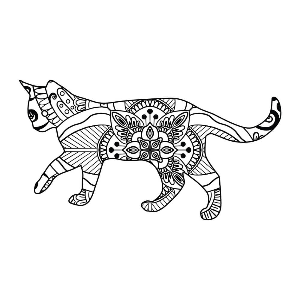 Coloriage Minou Mandala Floral avec Rosaces Symétriques - Chat mandala à imprimer