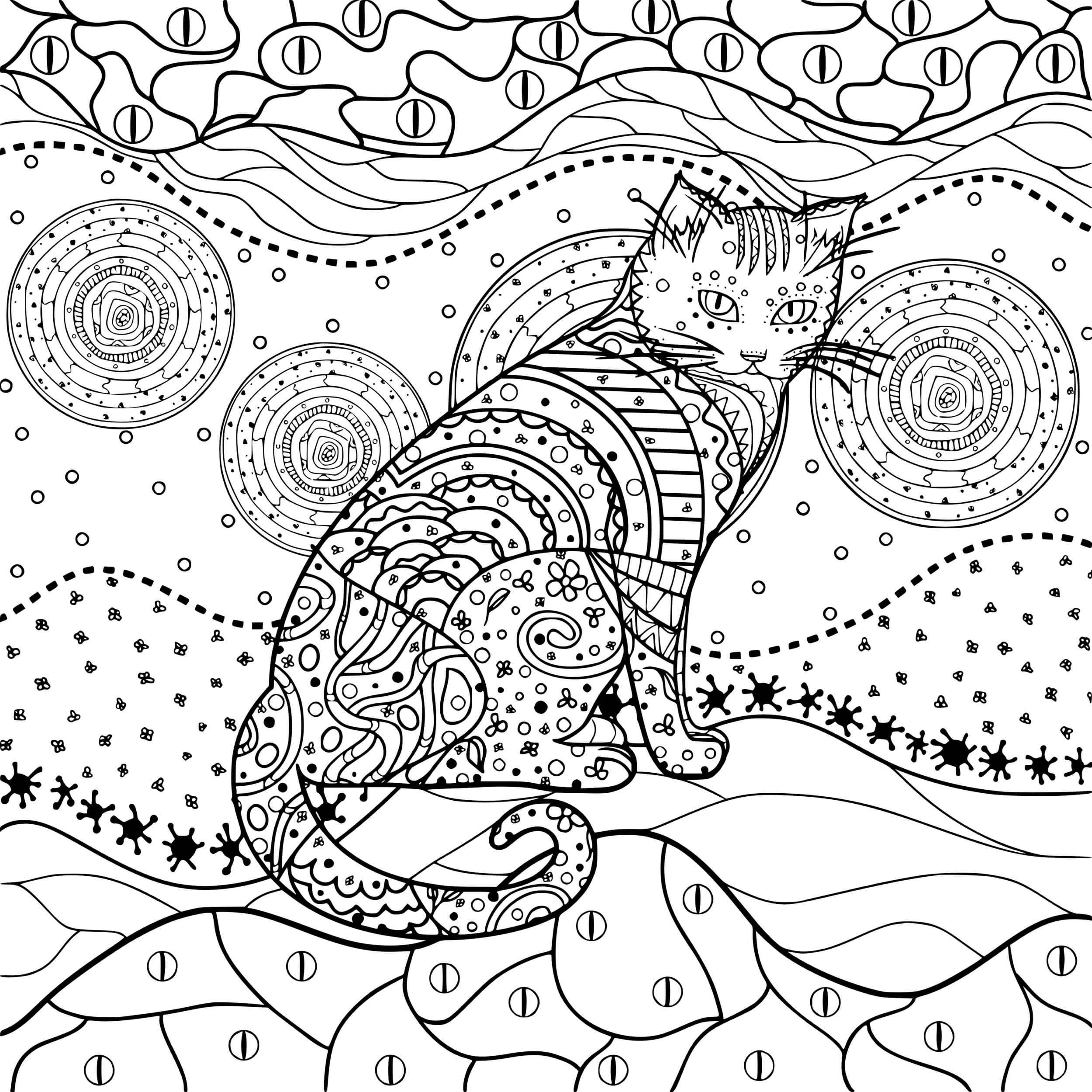 Coloriage Chat Mandala Paysage Divers - Chat à imprimer