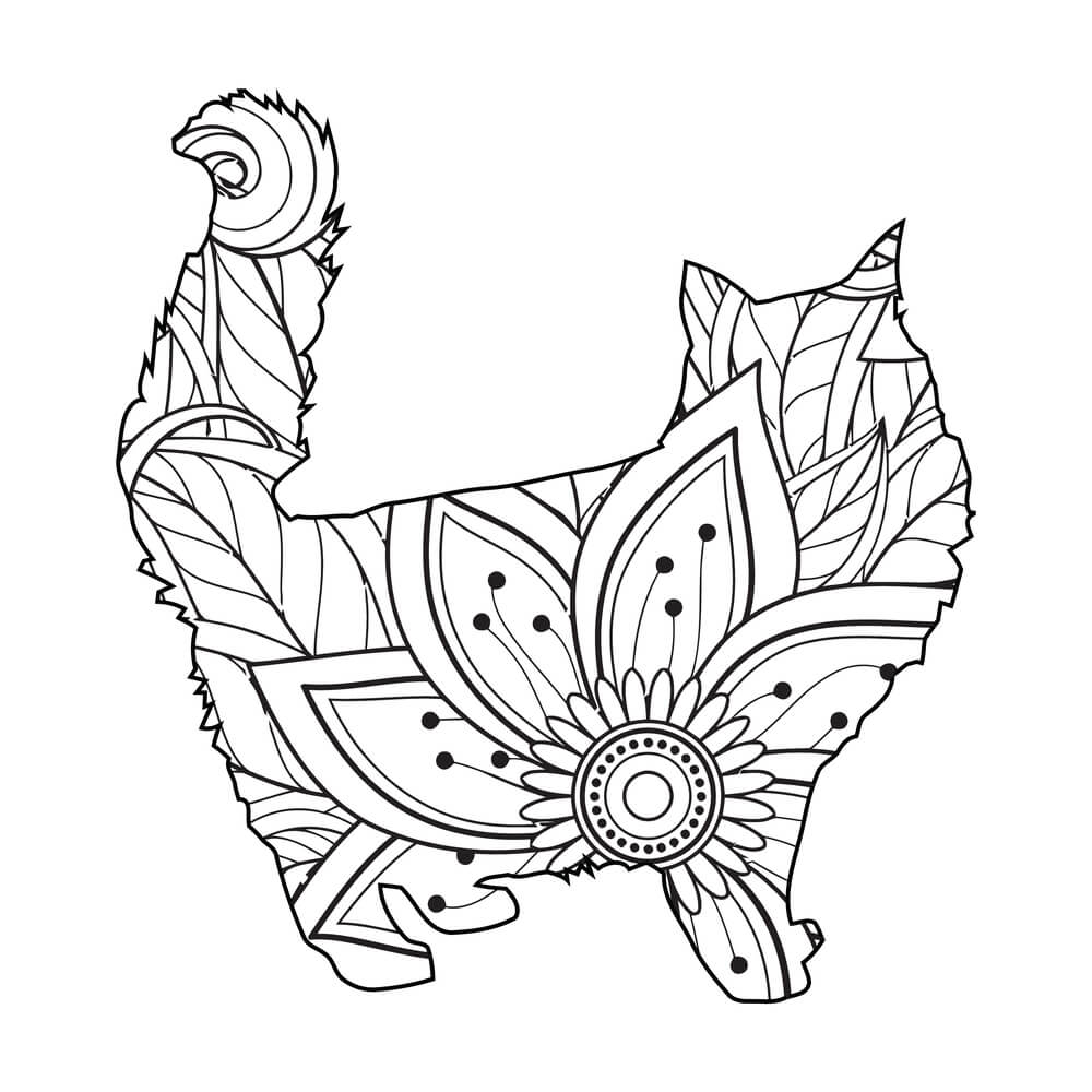 Coloriage Félin Mandala Zentangle aux Motifs Symétriques - Chat mandala à imprimer