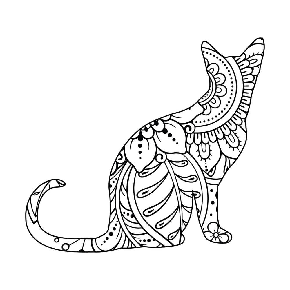 Coloriage Minou Mandala Ornemental avec Patterns - Chat mandala à imprimer