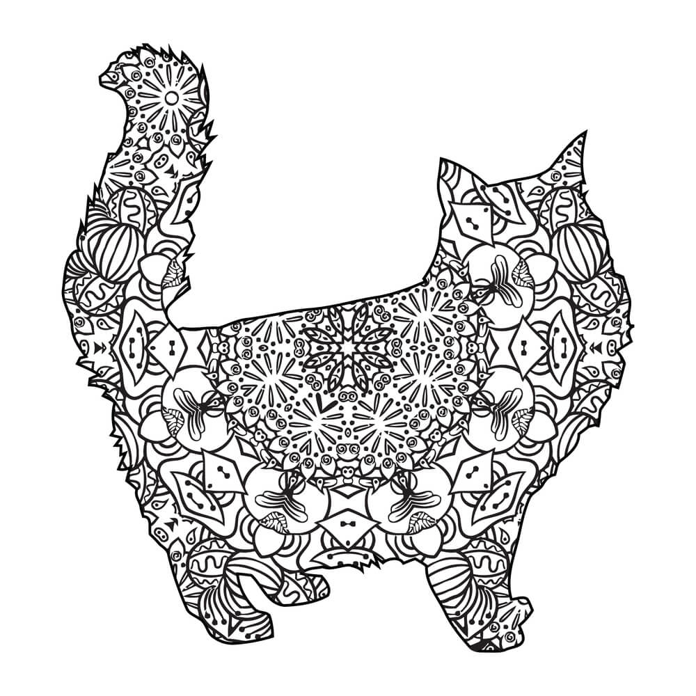 Coloriage Félin Mandala Zentangle avec Motifs Géométriques - Chat mandala à imprimer