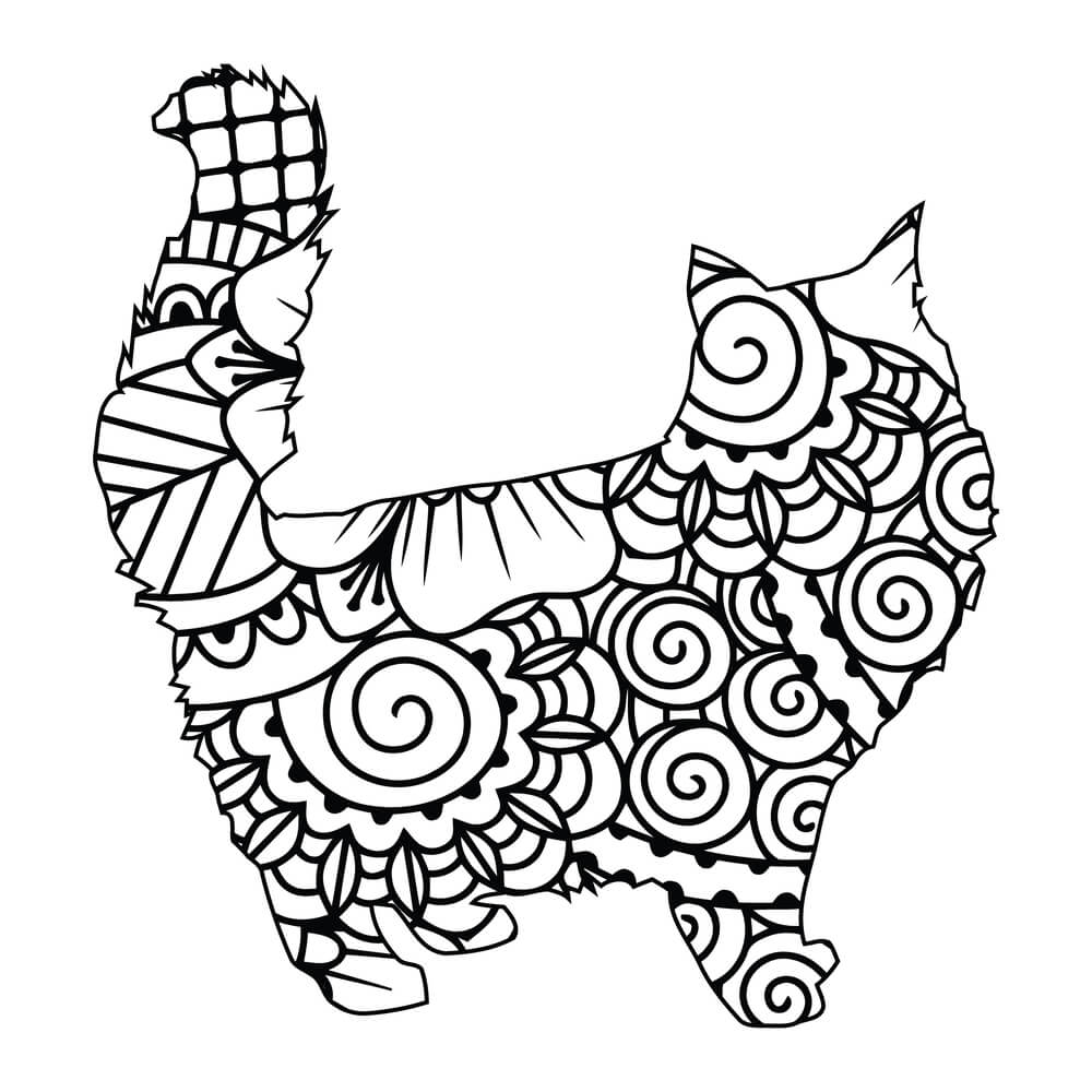 Coloriage Minou Mandala Zentangle Floral et Symétrique - Chat mandala à imprimer