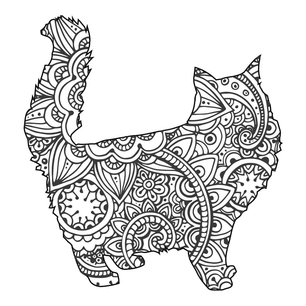 Coloriage Félin aux motifs géométriques et spirales - Chat mandala à imprimer