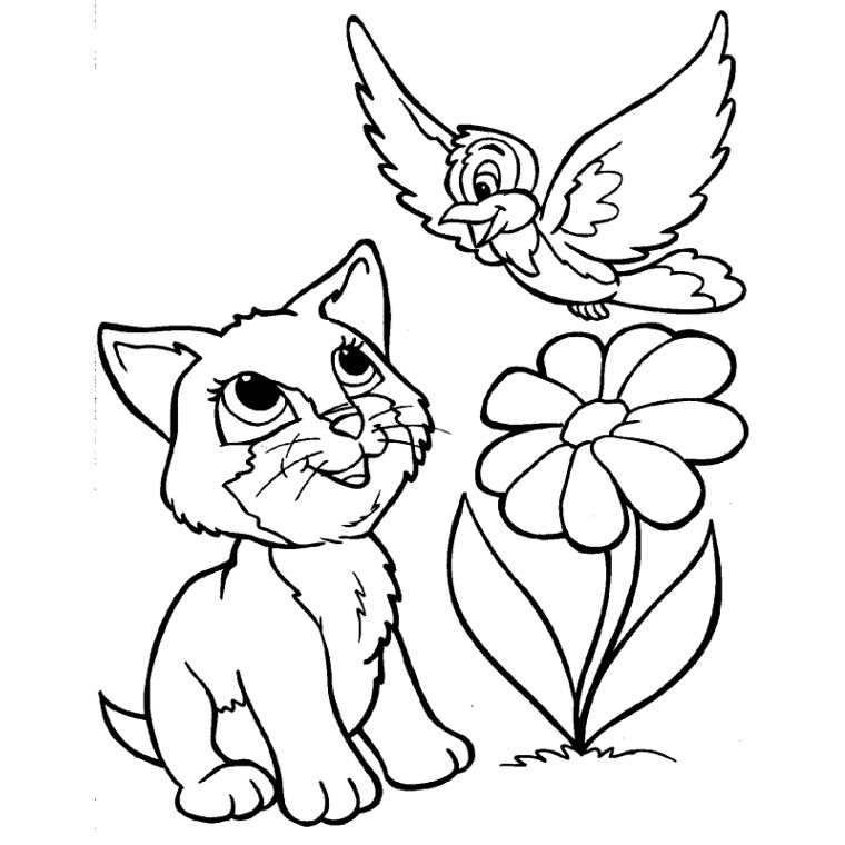 Coloriage Chat Oiseau Fleur - Chat à imprimer