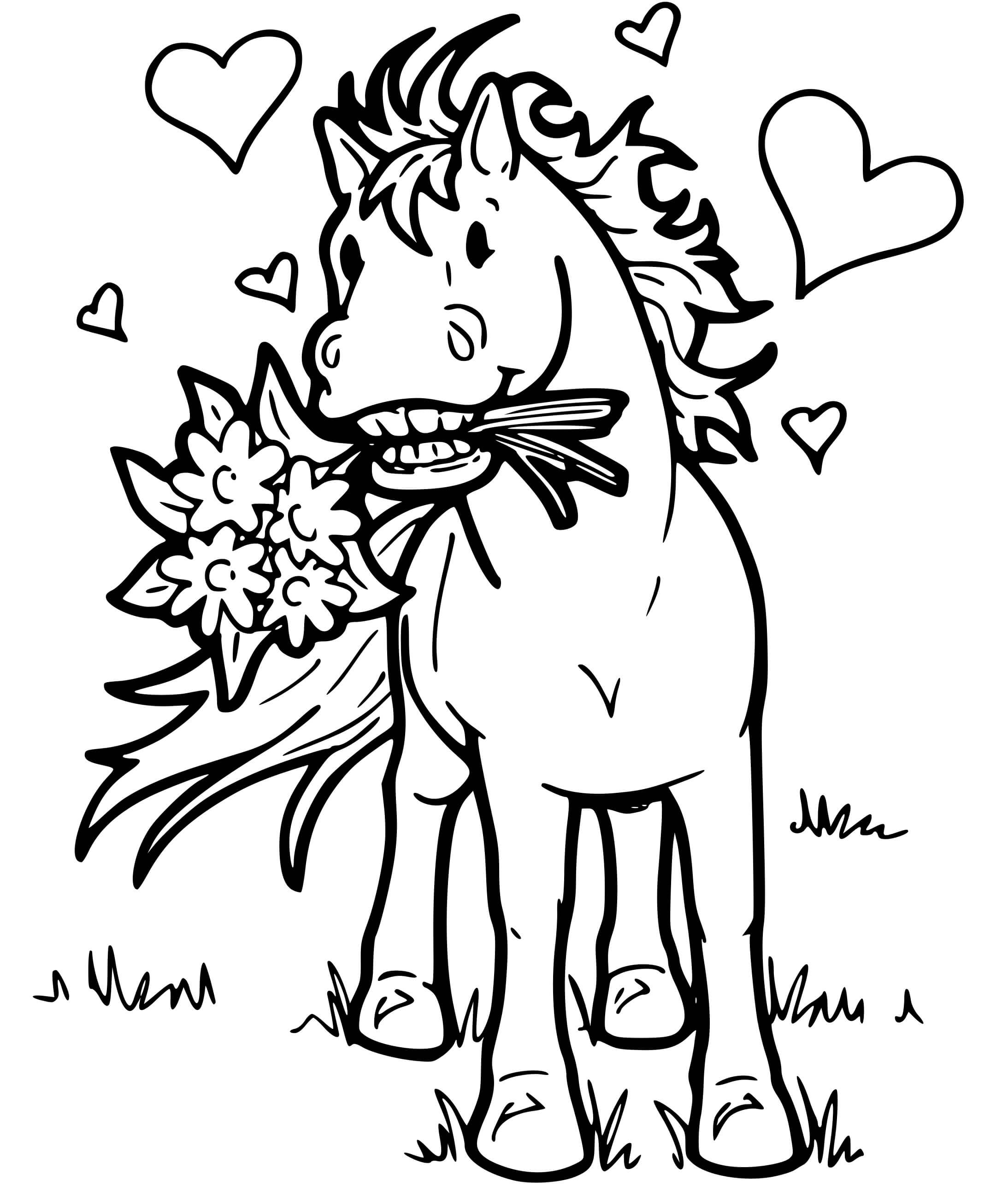Coloriage Cheval Amoureux Avec Des Fleurs - Cheval à imprimer