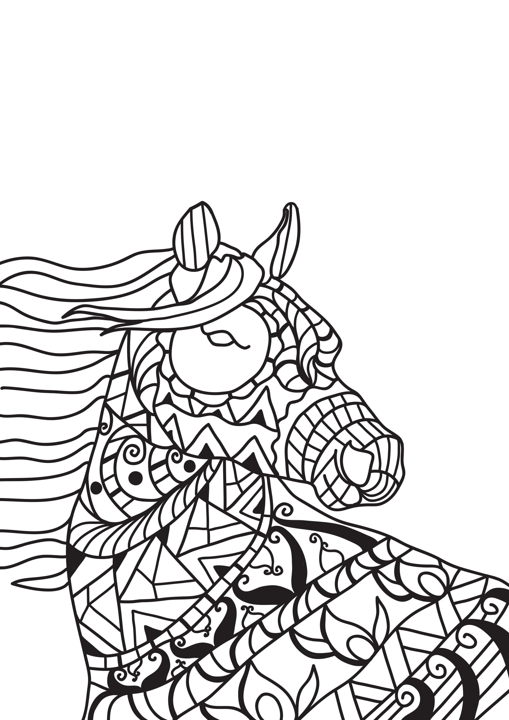 Coloriage Étalon fougueux aux motifs complexes - Adulte cheval à imprimer