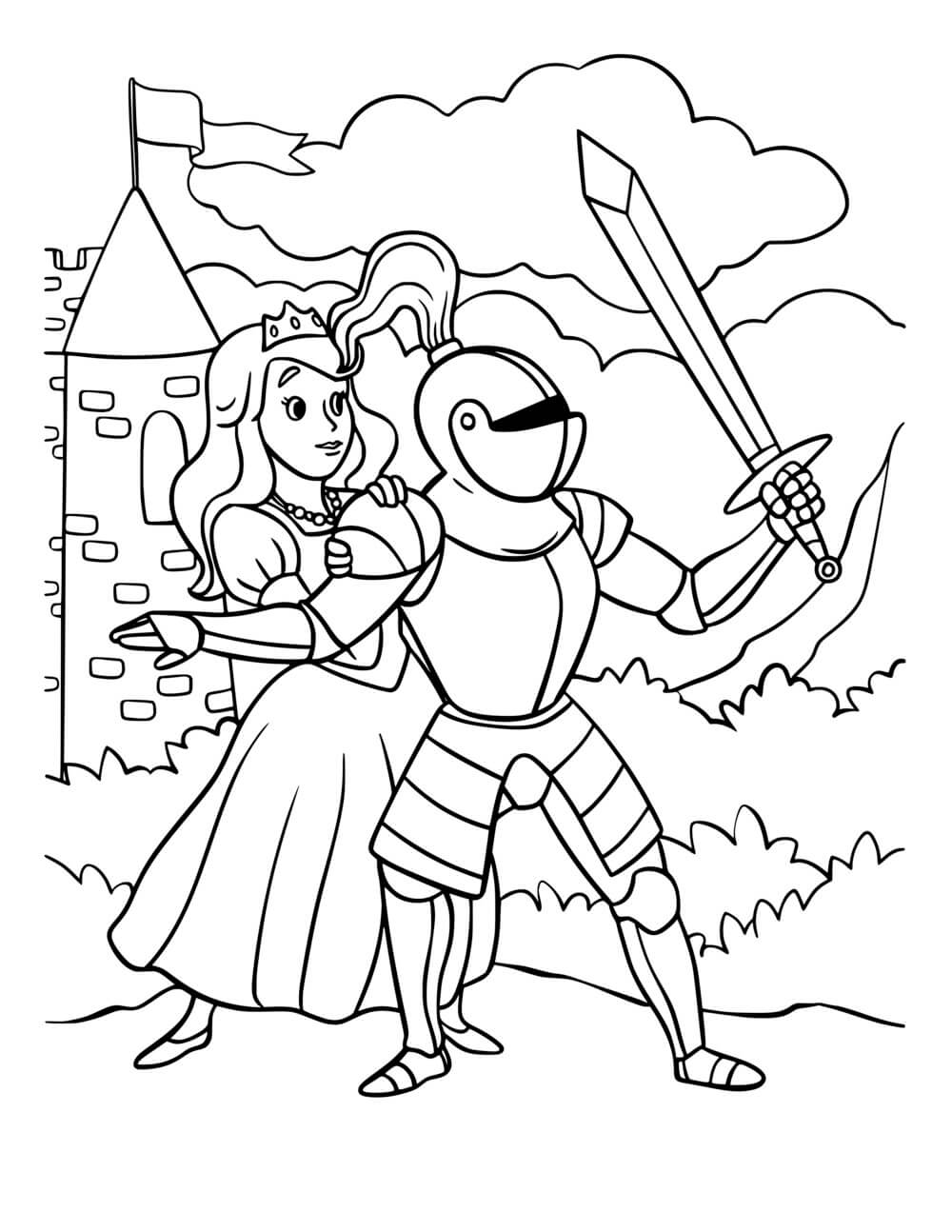 Coloriage Chevalier Protegeant La Princesse Du Dragon - Chevalier à imprimer