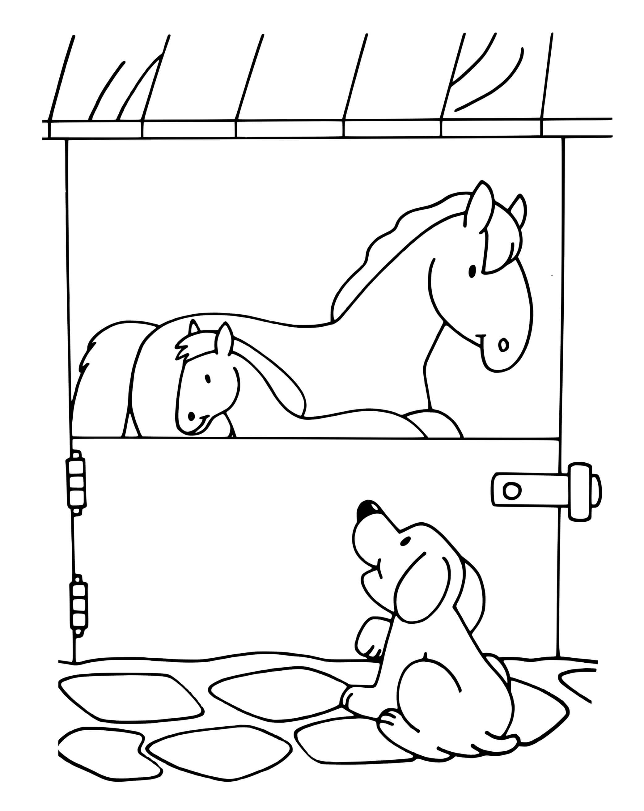 Coloriage Chien A Lecurie Devant Les Chevaux - Chien à imprimer
