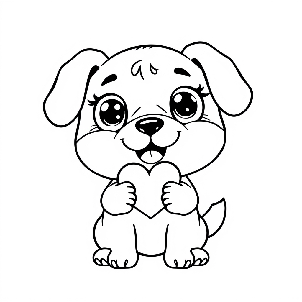 Coloriage Chien aux grands yeux tenant un cœur - Chien mignon à imprimer