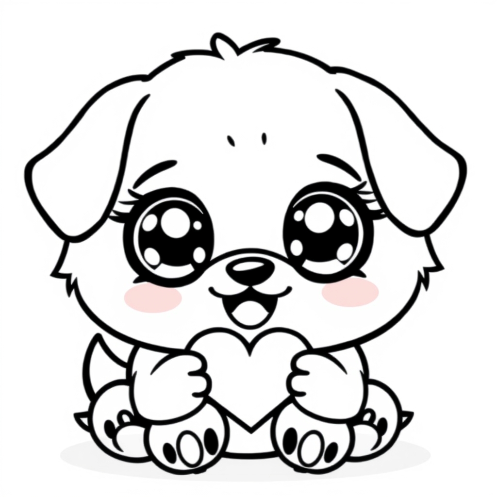 Coloriage Chiot aux grands yeux tenant un cœur - Chien mignon à imprimer