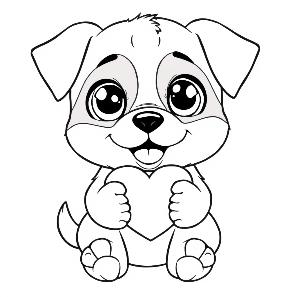 Coloriage Chiot affectueux avec grand cœur rose - Chien mignon à imprimer
