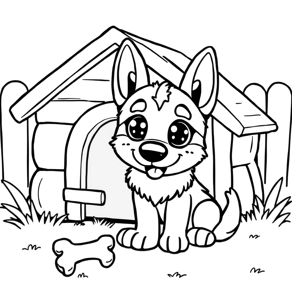 Coloriage Chiot berger allemand souriant style mignon - Chien mignon à imprimer